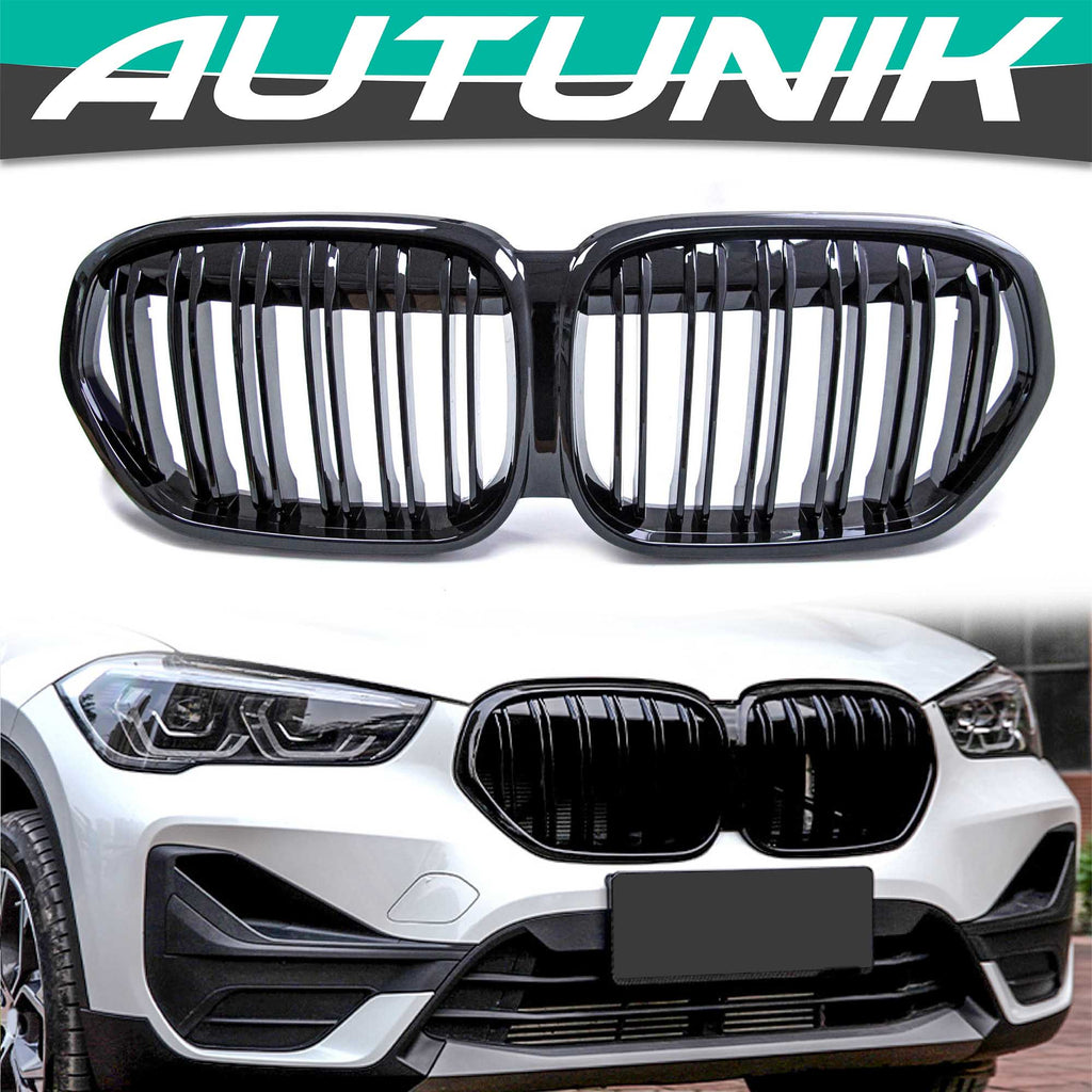  Gloss Black Dual Slats Front Bumper Kidney Grille Grill for BMW  X1 F48 LCI 2020 2021 2022 fg118