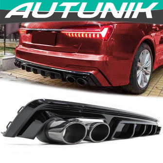 Rear Bumper Lip Diffuser + Exhaust Muffler Tips for Audi A6 C8 S-line S6 2019-2022 di92