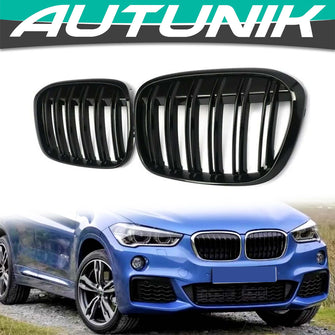 Shiny Gloss Black Front Bumper Kidney Grille For BMW X1 F48 F49 2016-2019