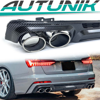 Carbon Look Rear Diffuser Chrome Exhaust Tips For Audi A6 C8 S6 S-Line 19-22