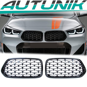 Glossy Black Diamond Front Kidney Grille Grill for BMW X2 F39 18-23