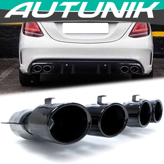 Glossy Black Exhaust Muffler Tips w/ Brackets for Mercedes Benz W205 C205 Coupe A205 Convertible AMG Sport Bumper